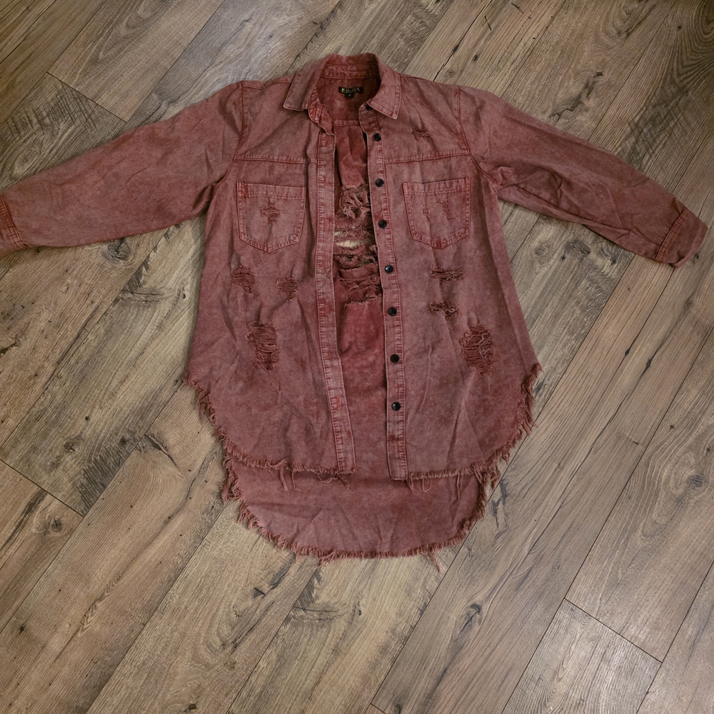 Men's Distressed Red Casual Button Down Shirt